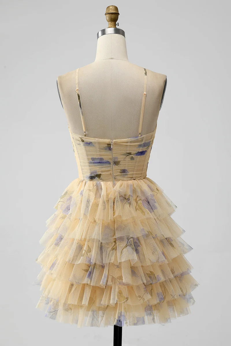 Robe de soirée courte à volants et à volants imprimé jaune