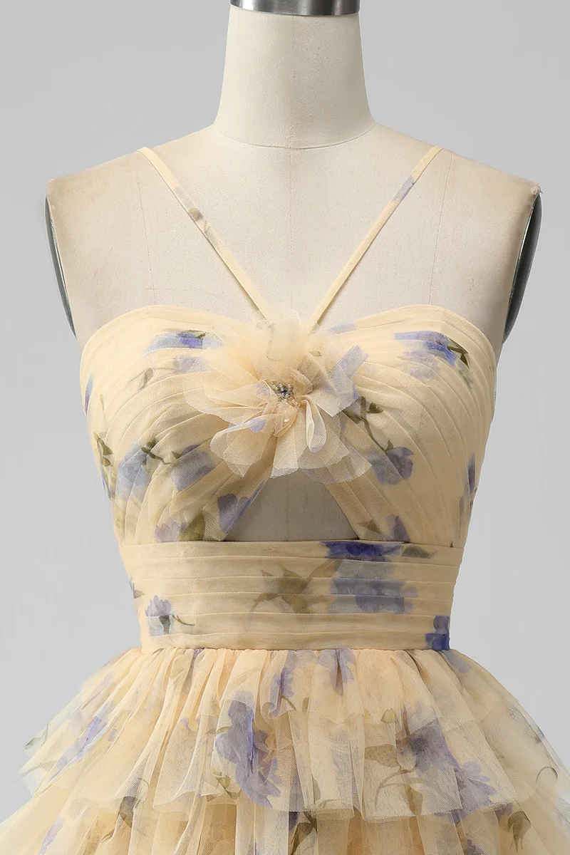 Robe de soirée courte à volants et à volants imprimé jaune