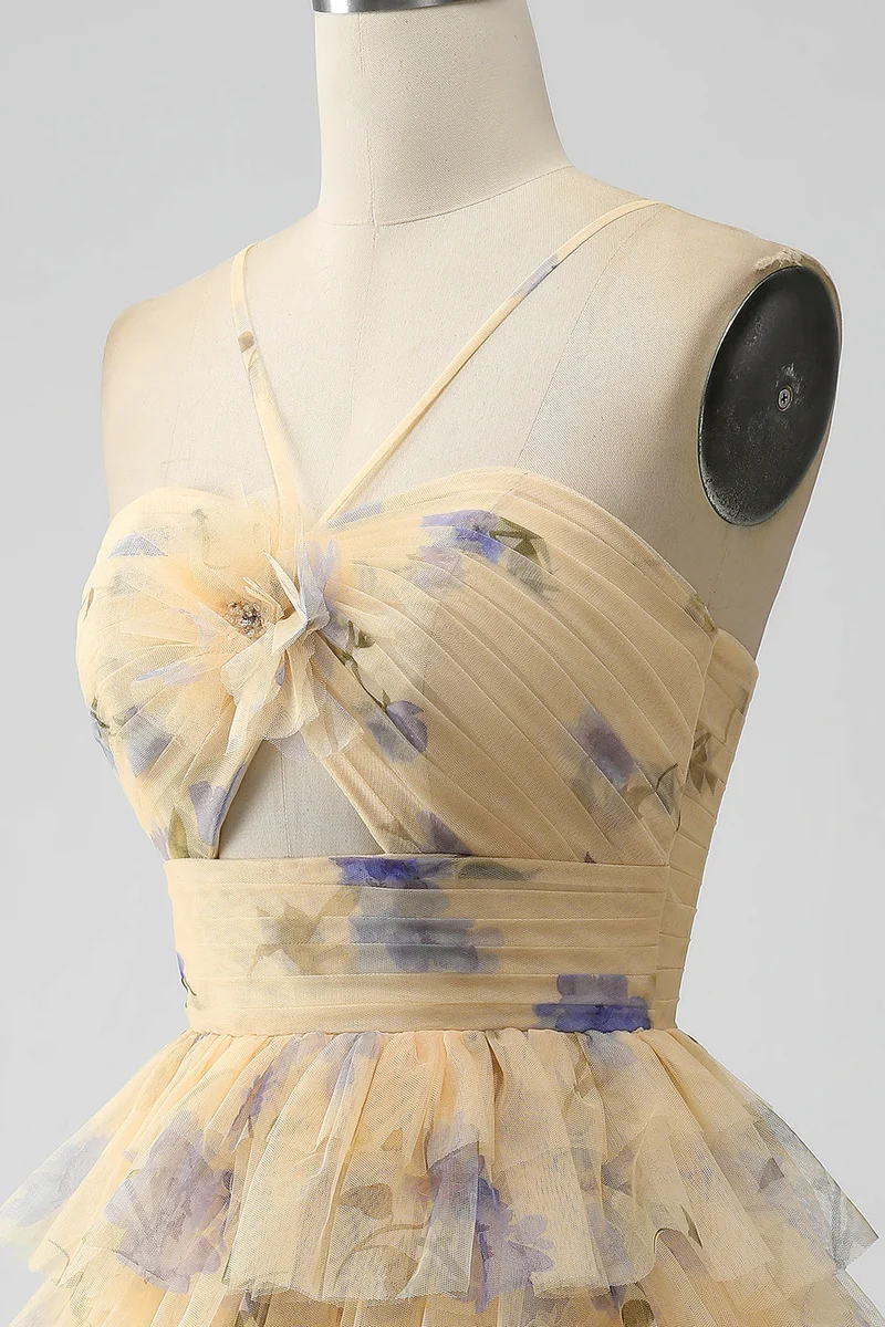 Robe de soirée courte à volants et à volants imprimé jaune