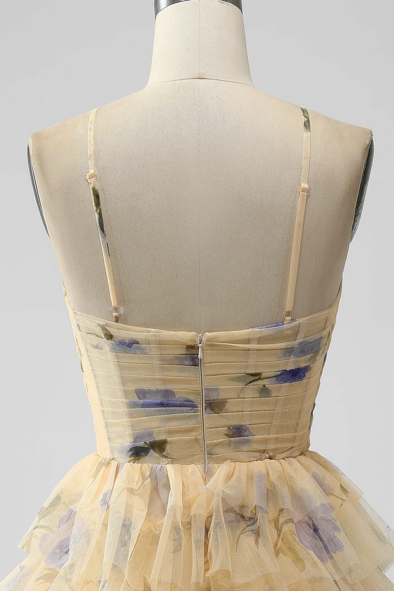 Robe de soirée courte à volants et à volants imprimé jaune
