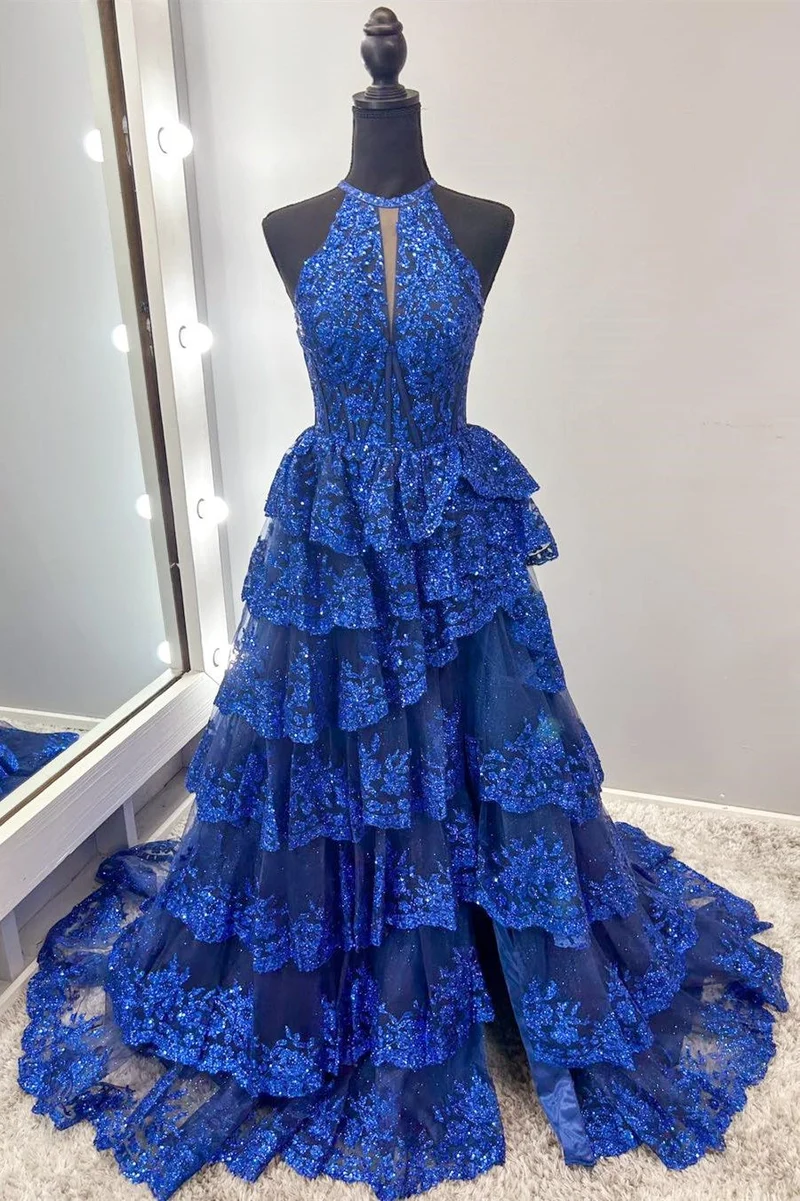 Robe de bal à volants en dentelle scintillante bleu royal avec trou de serrure et fente latérale