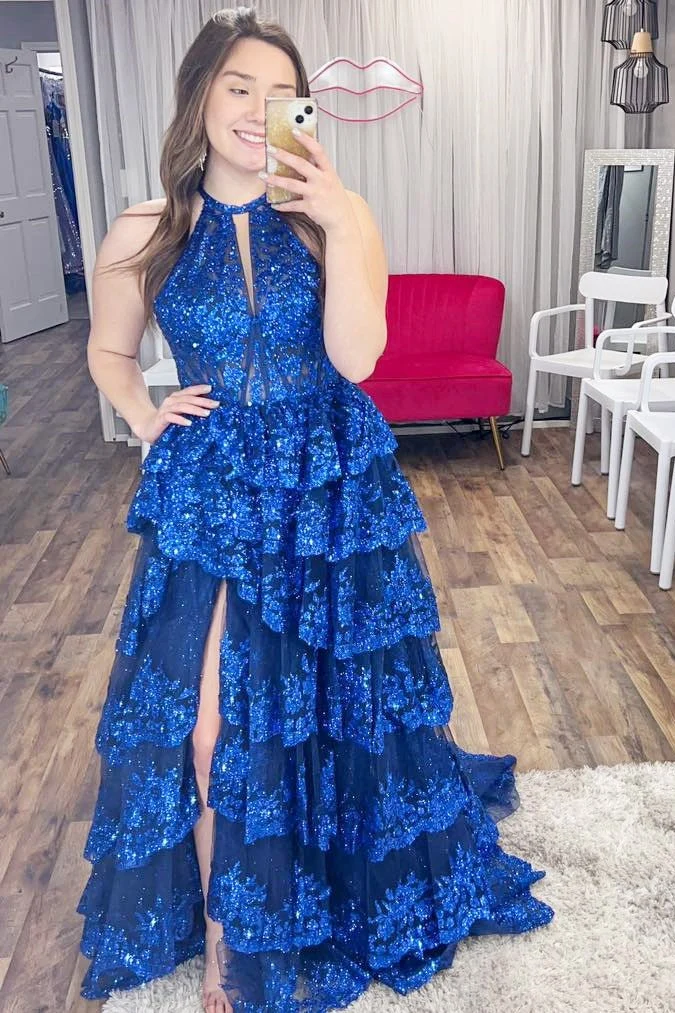 Robe de bal à volants en dentelle scintillante bleu royal avec trou de serrure et fente latérale