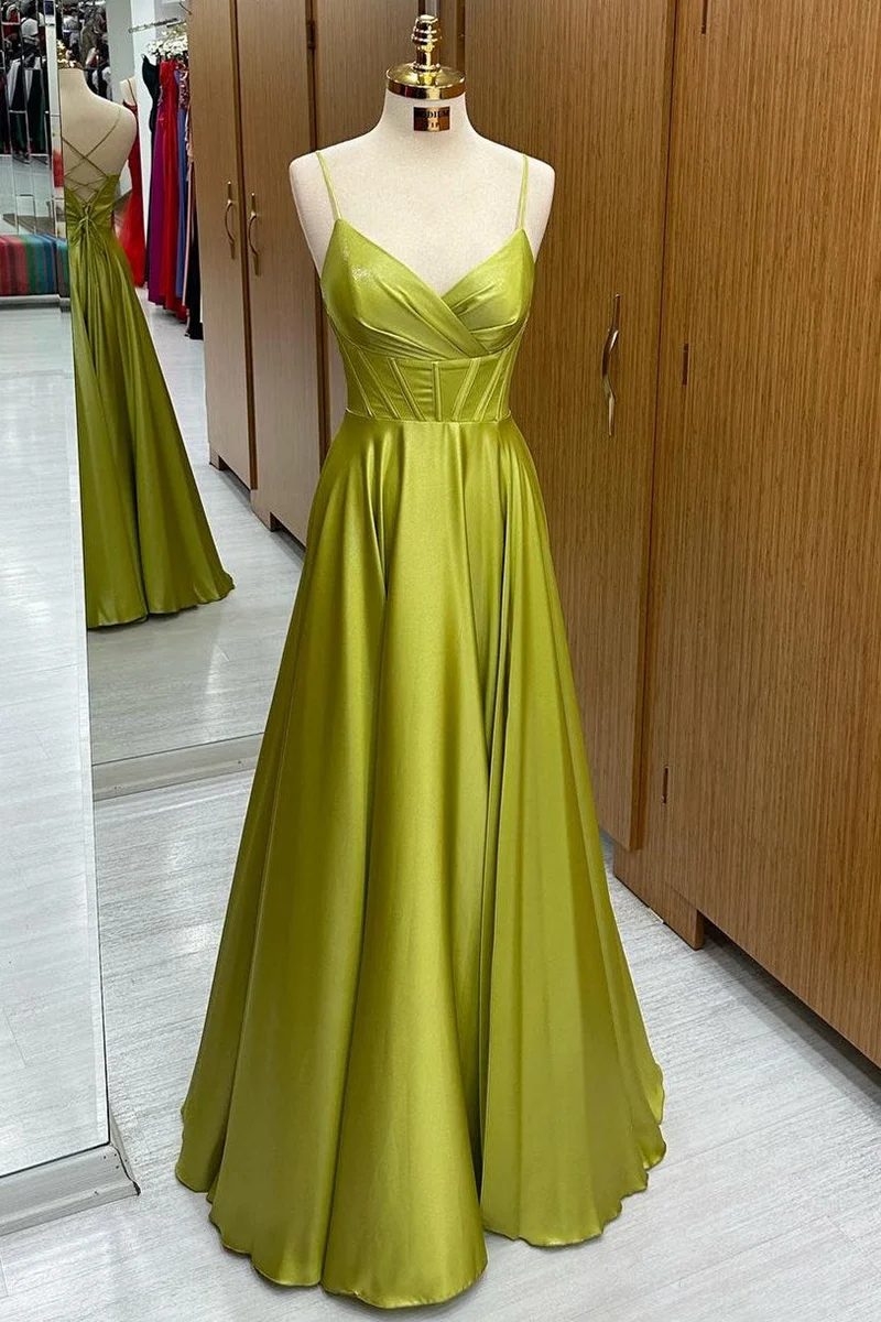 Robe de bal formelle longue trapèze à lacets vert olive