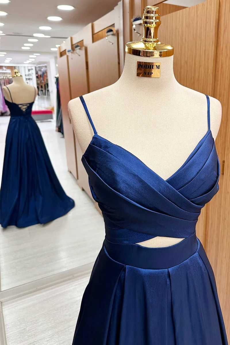 Robe formelle de remise de diplôme longue à lacets et surplis bleu marine