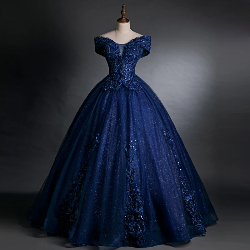 Robe de Quinceanera bouffante à épaules dénudées bleu marine, ornée d'appliques en dentelle