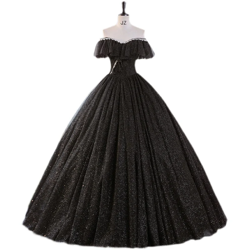 Robe de bal gothique noire à paillettes, épaules dénudées, robe douce 16 ans