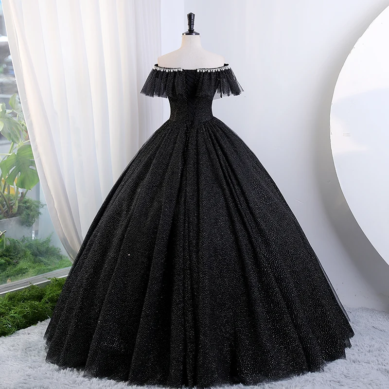 Robe de bal gothique noire à paillettes, épaules dénudées, robe douce 16 ans