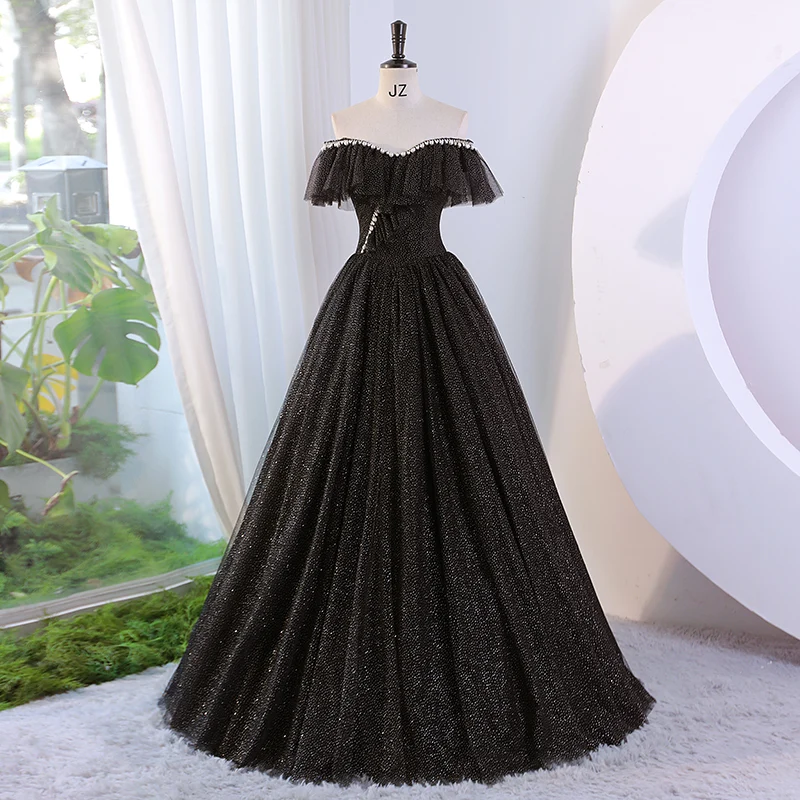 Robe de bal gothique noire à paillettes, épaules dénudées, robe douce 16 ans