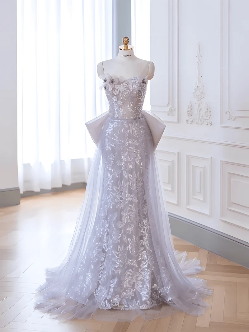 Robe formelle élégante à paillettes violettes Taro avec traîne en tulle amovible