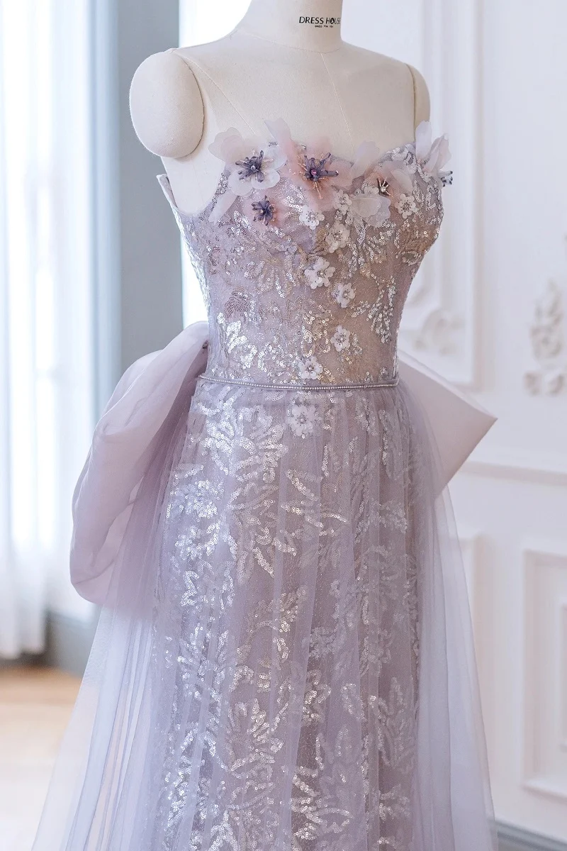 Robe formelle élégante à paillettes violettes Taro avec traîne en tulle amovible