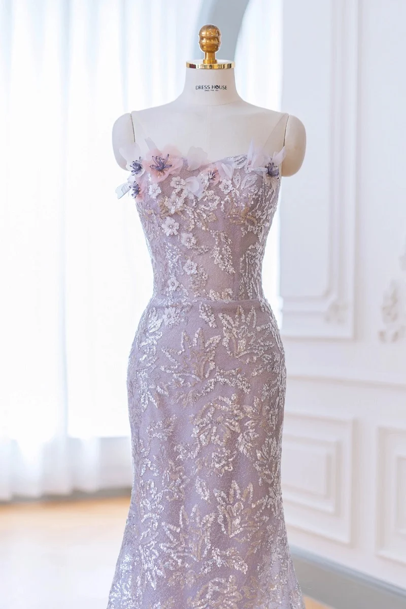 Robe formelle élégante à paillettes violettes Taro avec traîne en tulle amovible