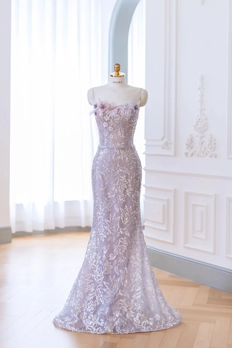 Robe formelle élégante à paillettes violettes Taro avec traîne en tulle amovible