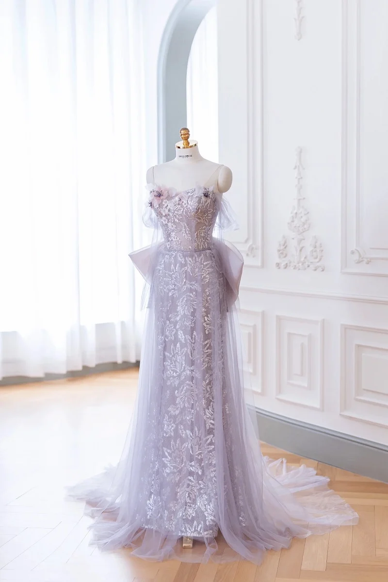 Robe formelle élégante à paillettes violettes Taro avec traîne en tulle amovible