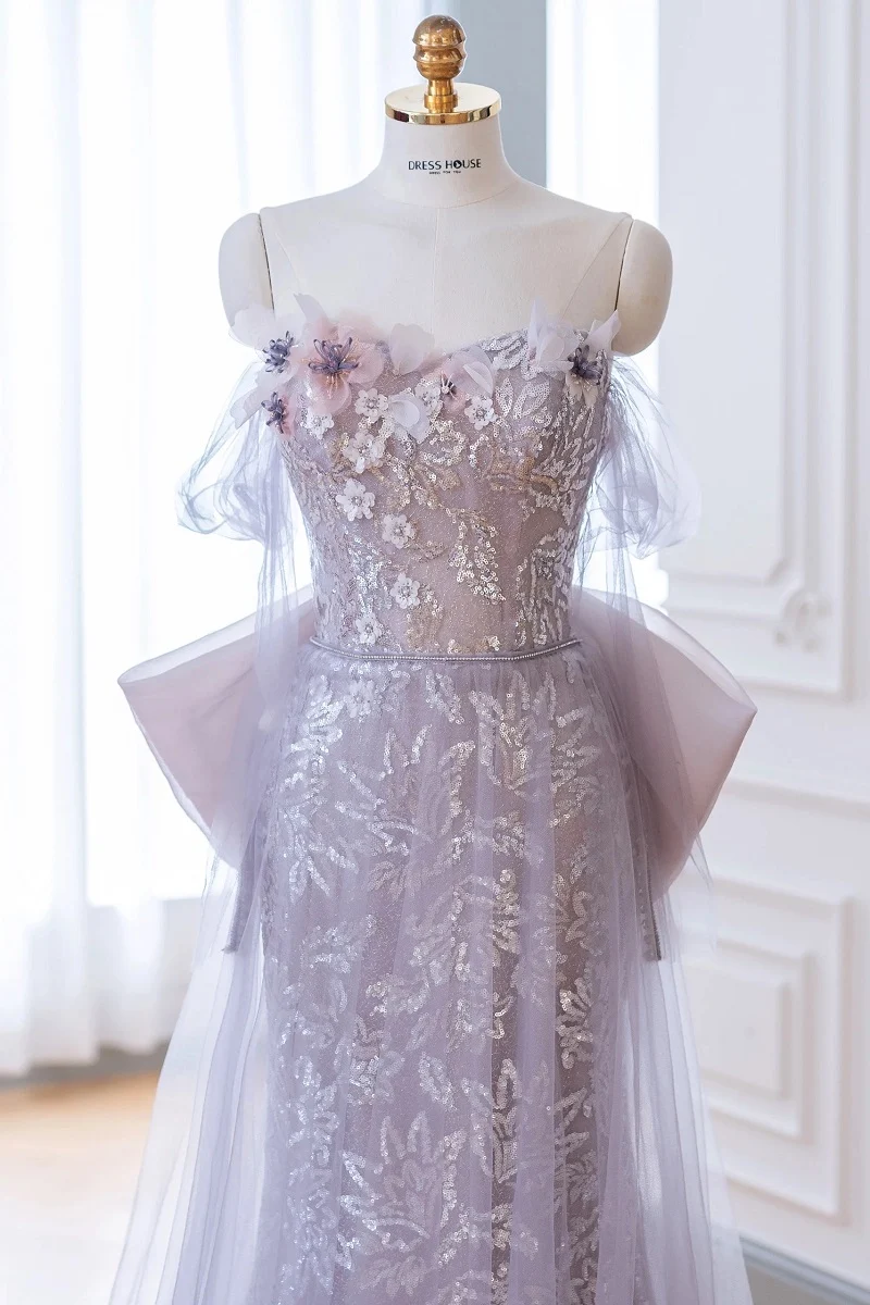 Robe formelle élégante à paillettes violettes Taro avec traîne en tulle amovible