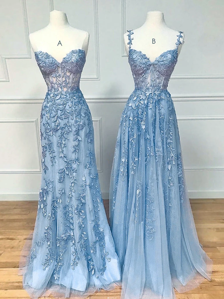 Robe de bal en dentelle transparente bleu poussiéreux