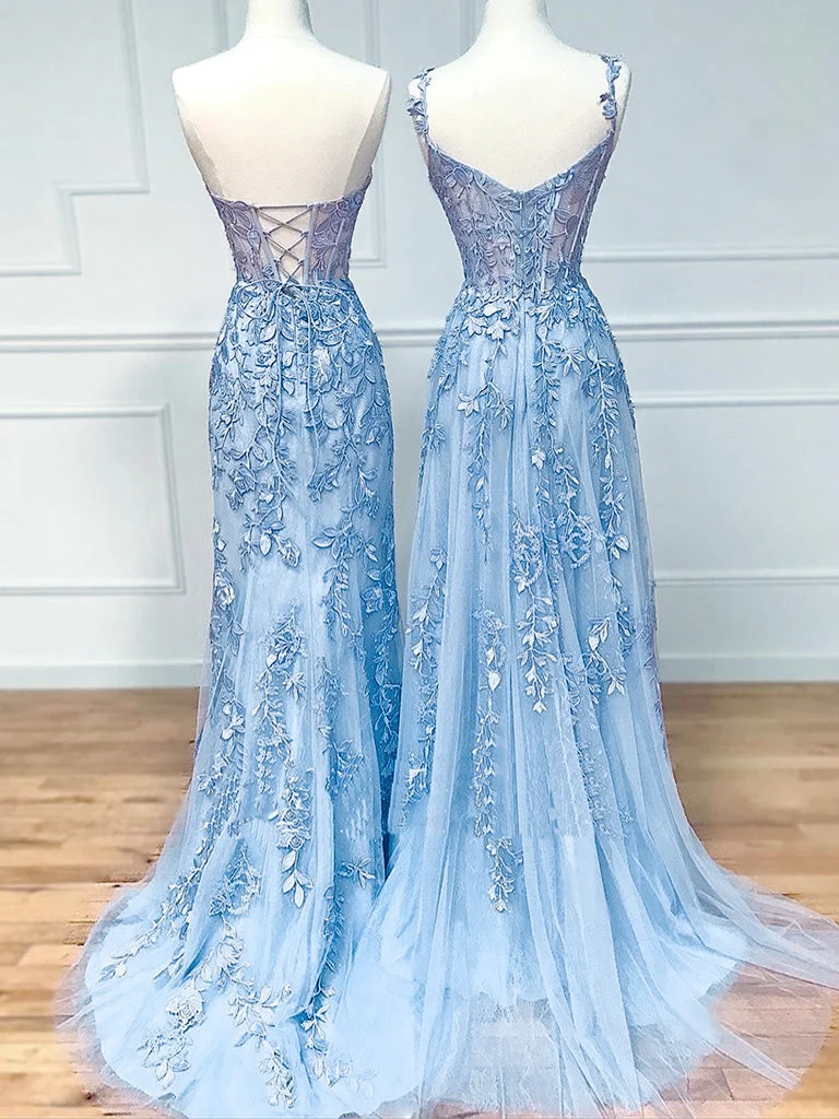 Robe de bal en dentelle transparente bleu poussiéreux