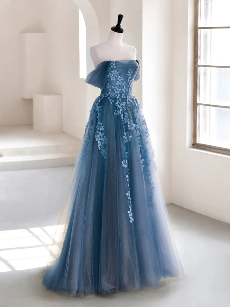 Robe de bal Boho en dentelle florale en tulle bleu poussiéreux féerique
