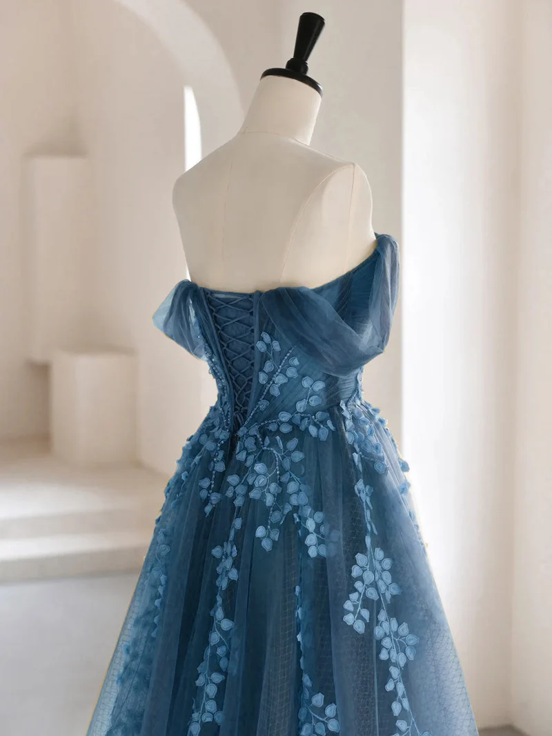Robe de bal Boho en dentelle florale en tulle bleu poussiéreux féerique