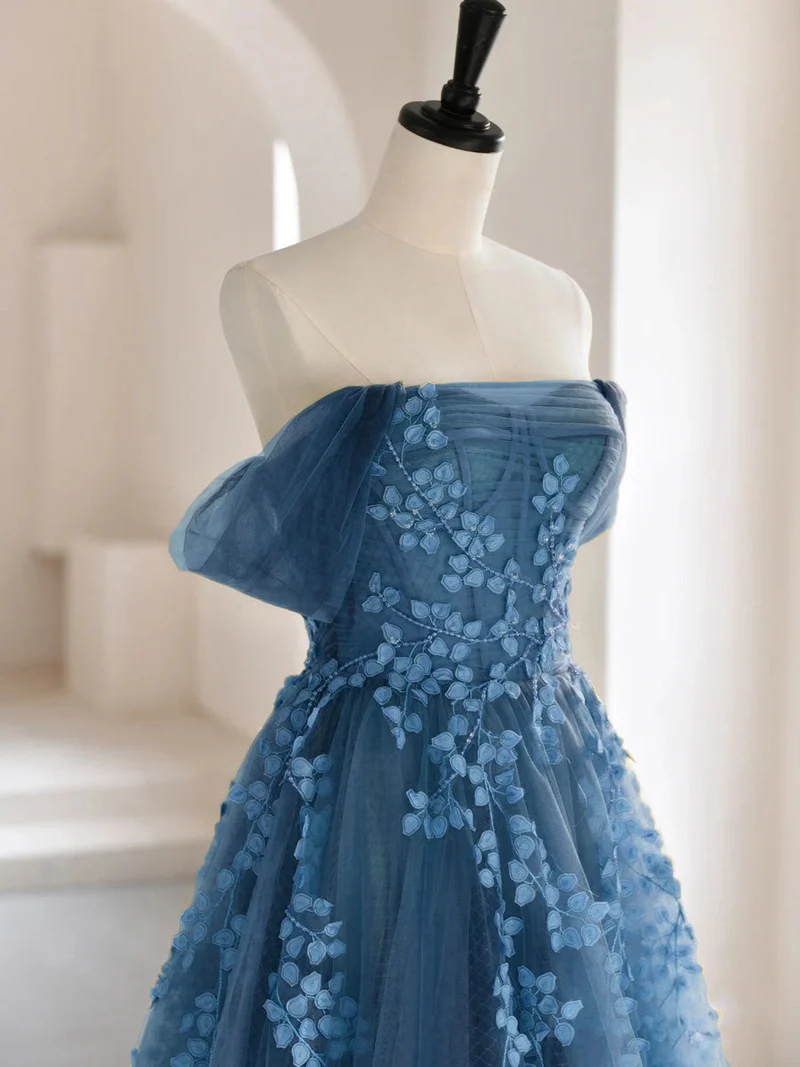 Robe de bal Boho en dentelle florale en tulle bleu poussiéreux féerique