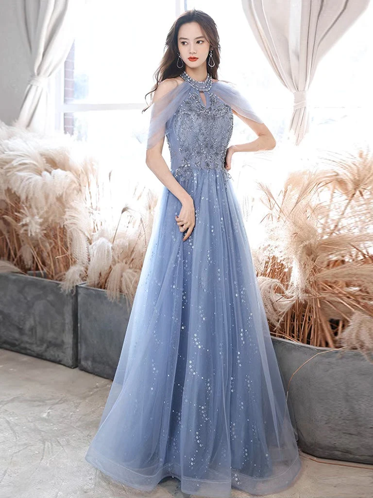 Robe de soirée bleu poussiéreux à col licou et épaules dénudées en dentelle
