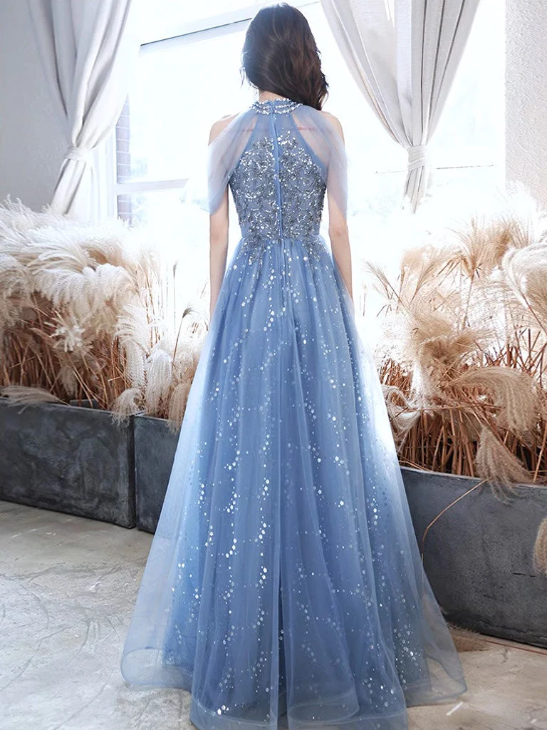 Robe de soirée bleu poussiéreux à col licou et épaules dénudées en dentelle