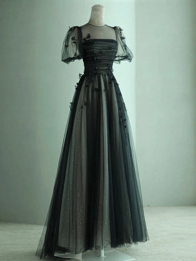 Robe de bal trapèze en tulle noir fluide avec manches courtes à bulles