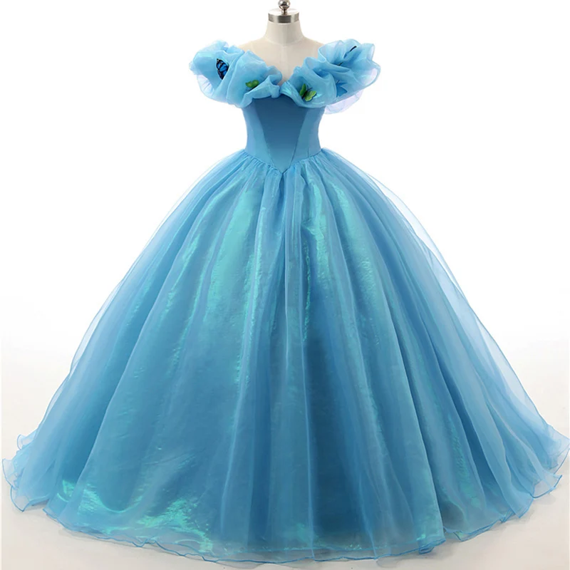 Robe de bal formelle bleue à épaules dénudées Cendrillon Princesse
