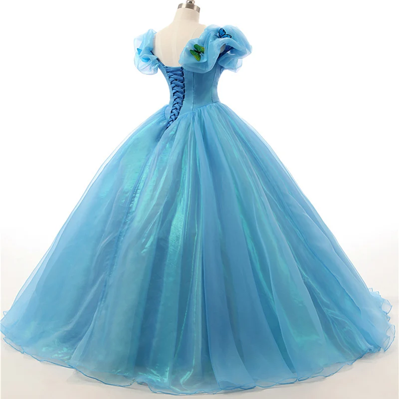 Robe de bal formelle bleue à épaules dénudées Cendrillon Princesse