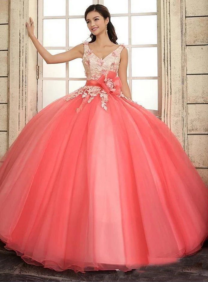 Robe de Quinceanera de couleur contrastée à col en V pastèque
