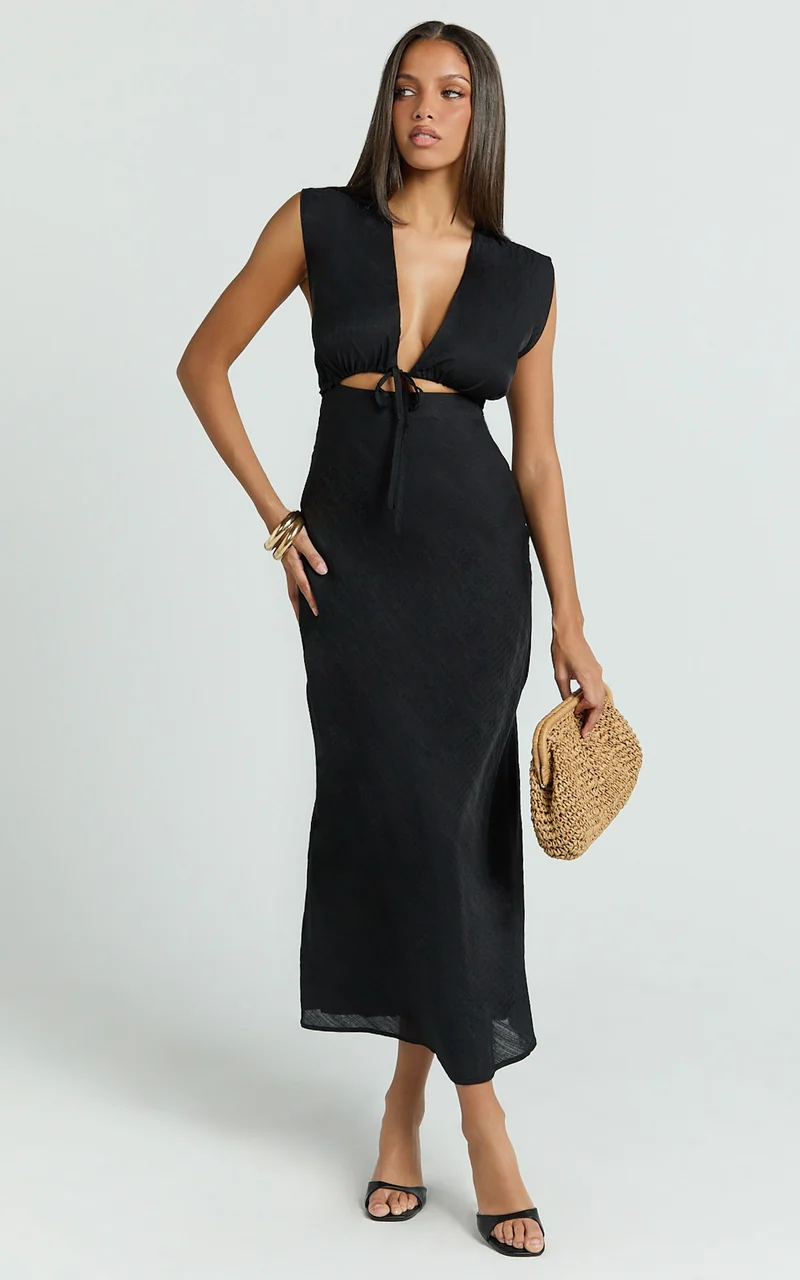 Beatrice Midi Dress - Plunge Neck Tie Cut Out Front Dress in Black