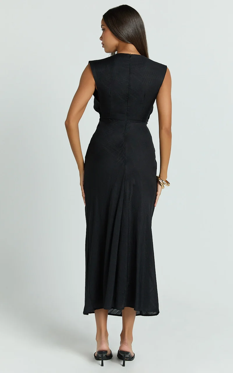 Beatrice Midi Dress - Plunge Neck Tie Cut Out Front Dress in Black