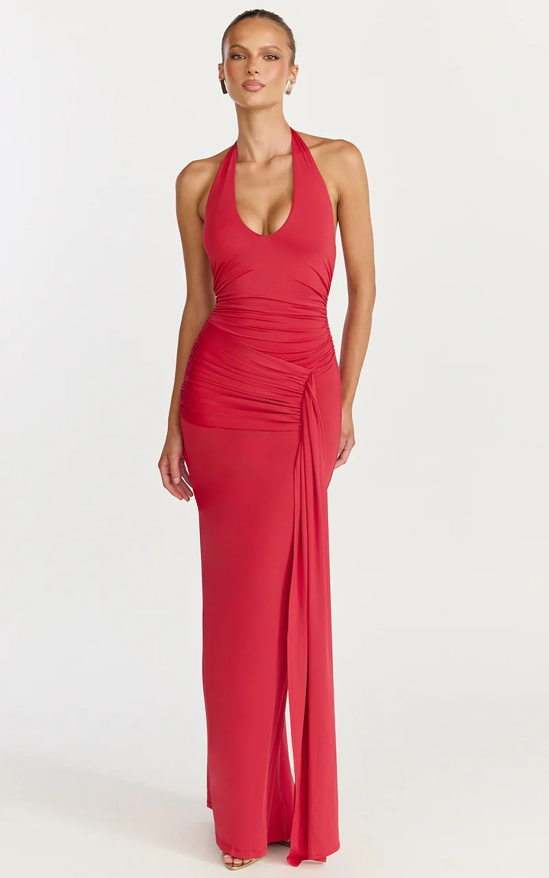 Dixie Maxi Dress - Plunge Halter Low Back Dress in Cherry
