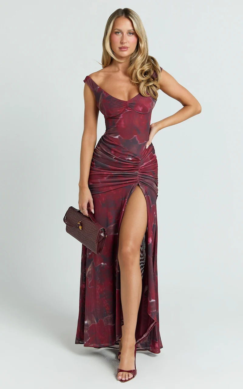 Demetria Maxi Dress - Mesh Bodycon Dress in Burgundy Rose