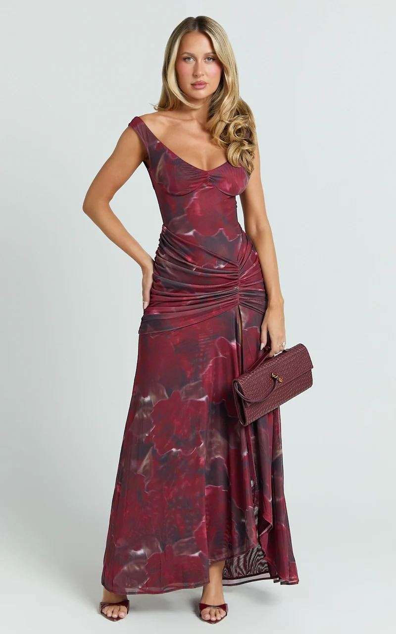 Demetria Maxi Dress - Mesh Bodycon Dress in Burgundy Rose