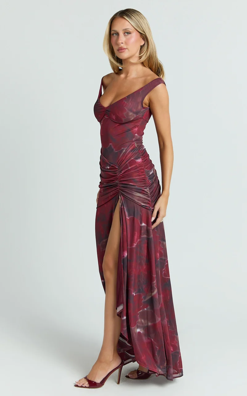Demetria Maxi Dress - Mesh Bodycon Dress in Burgundy Rose