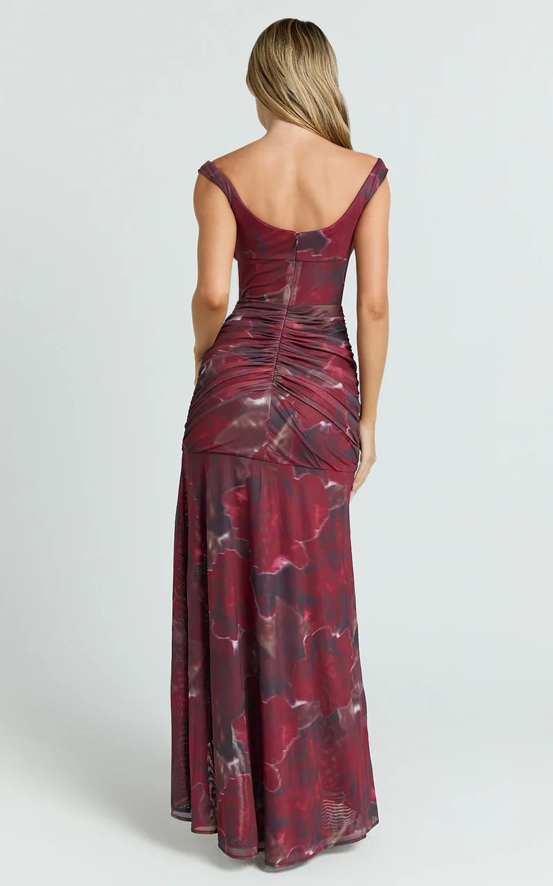 Demetria Maxi Dress - Mesh Bodycon Dress in Burgundy Rose