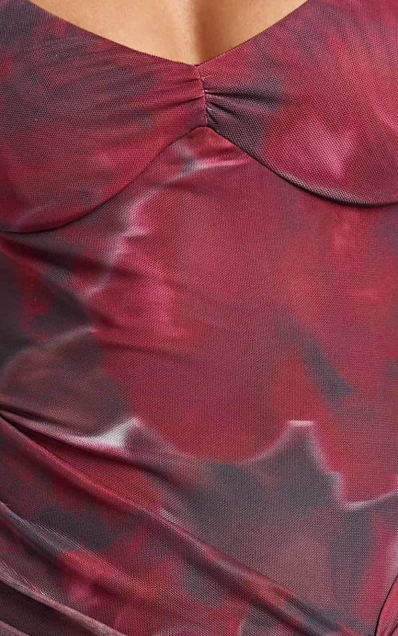 Demetria Maxi Dress - Mesh Bodycon Dress in Burgundy Rose