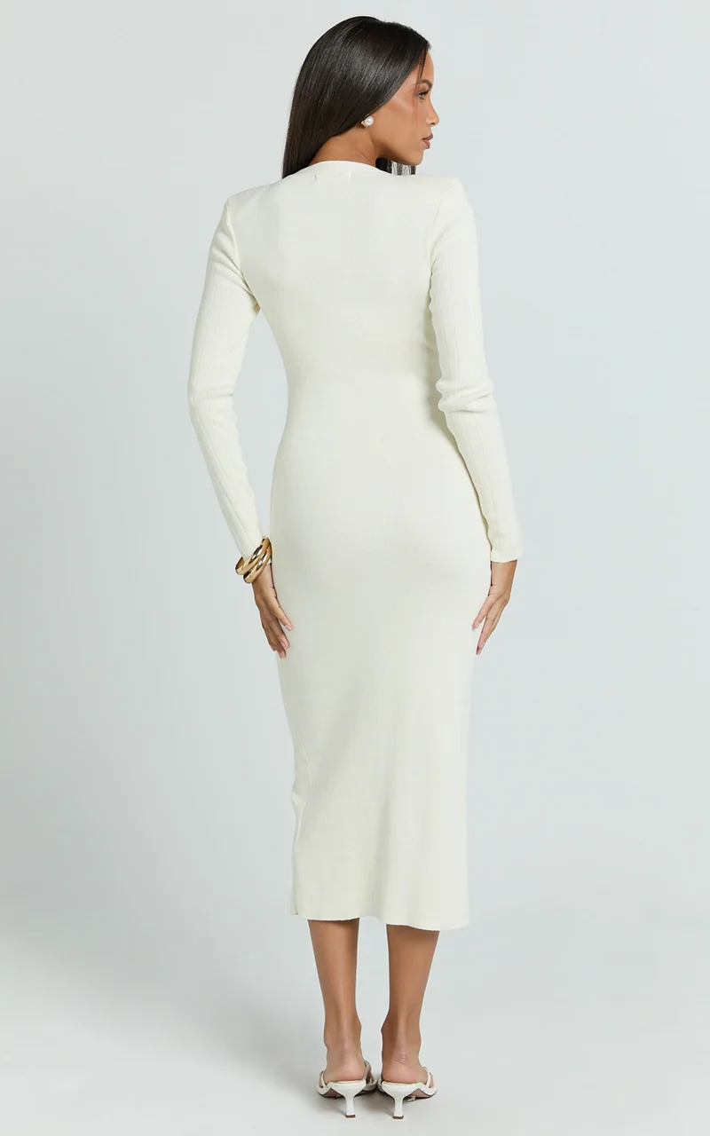 Susie Midi Dress - Pearl Button Down Long Sleeve Knit Dress in Ivory
