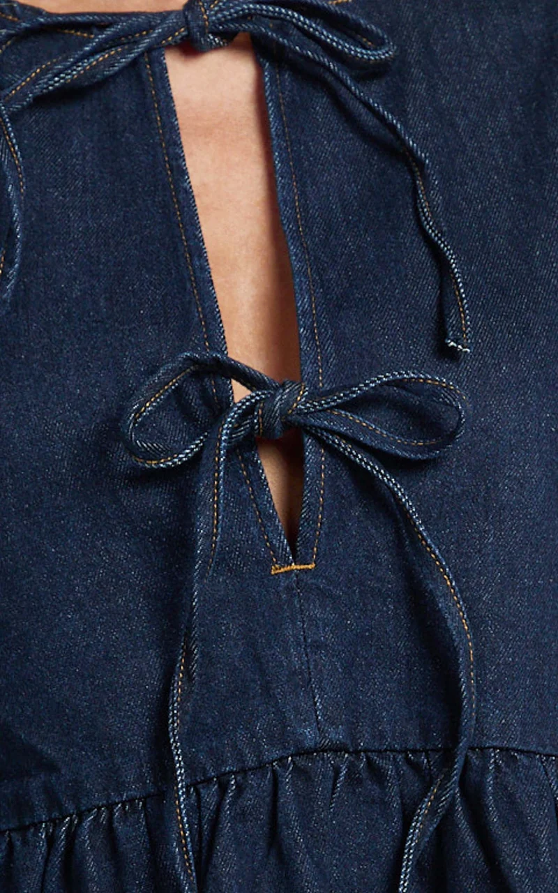 Shailene Mini Dress - Tie Front Puff Sleeve Recycled Denim Dress in Raw Indigo