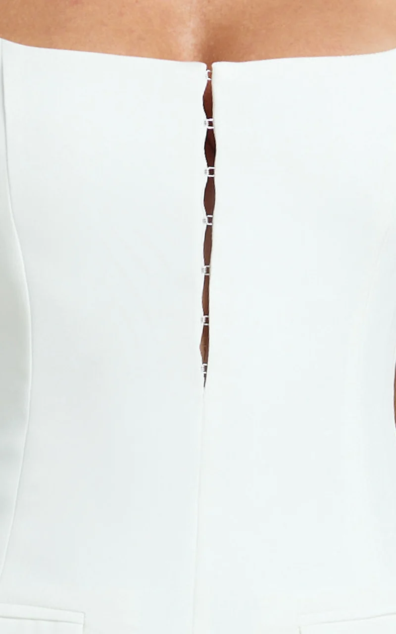 Marcia Mini Dress - Scoop Neck Hook And Eye Front Bodice Fitted Dress in Cream