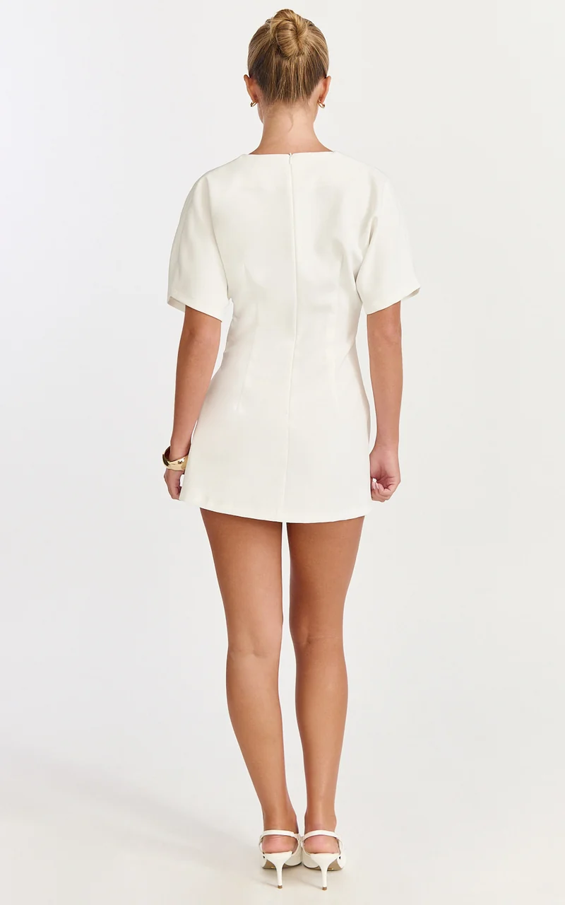 Xena Mini Dress - Mock Wrap Buckle Dress in White