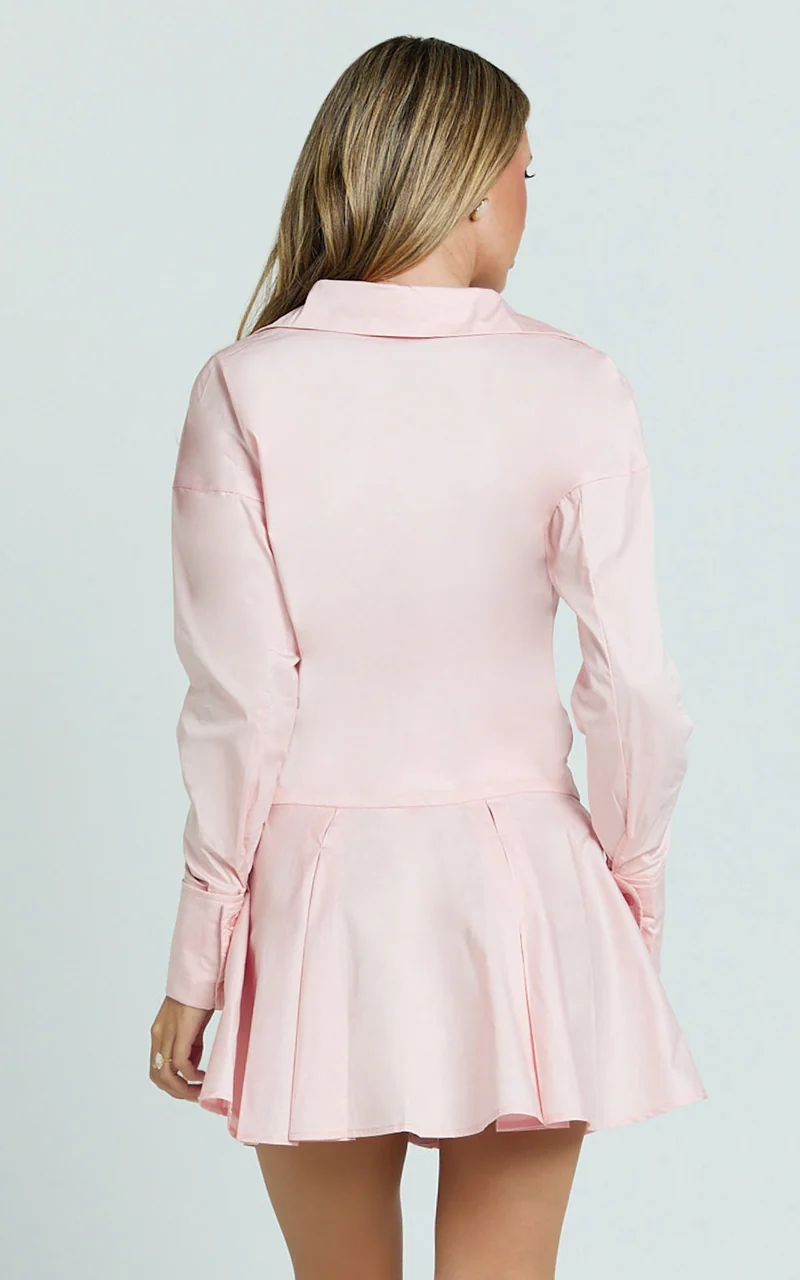 Valentina Mini Dress - Collared Long Sleeve Button Front Dropped Waist Dress in Pink