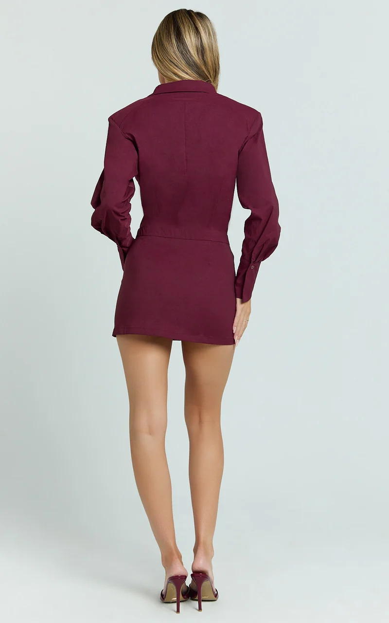 Lorrie Mini Dress - Long Sleeve Shirt Dress in Wine