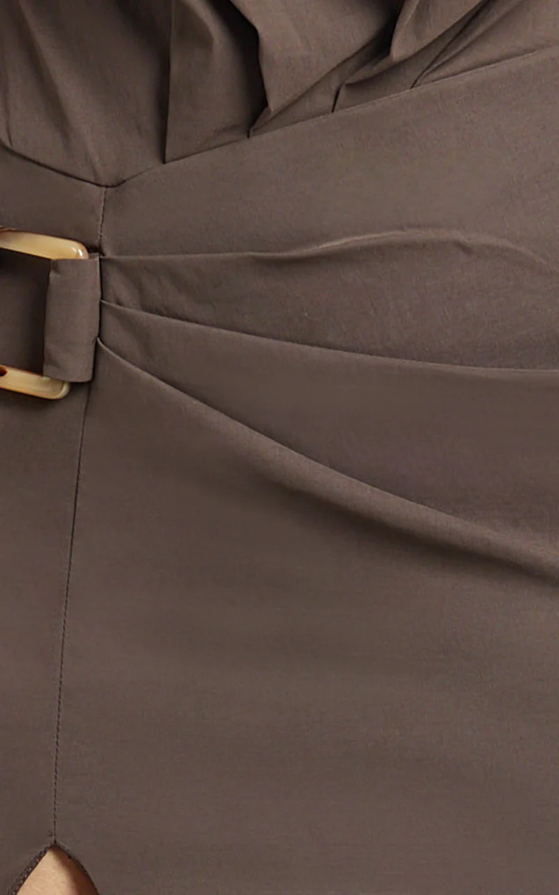 Zareena Mini Dress - Tipped Shoulder Tuck Detail Split Leg Dress in Chocolate