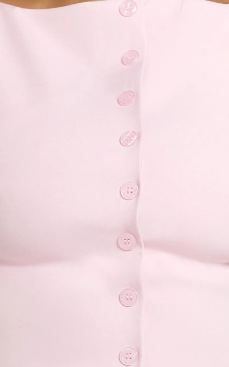Adela Mini Dress - Mock Button Thru Boat Neck Dress in Pale Pink