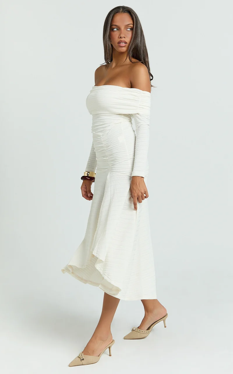 Carissa Midi Dress - Off Shoulder Long Sleeve Flounce Skirt Jersey Dress in Ivory