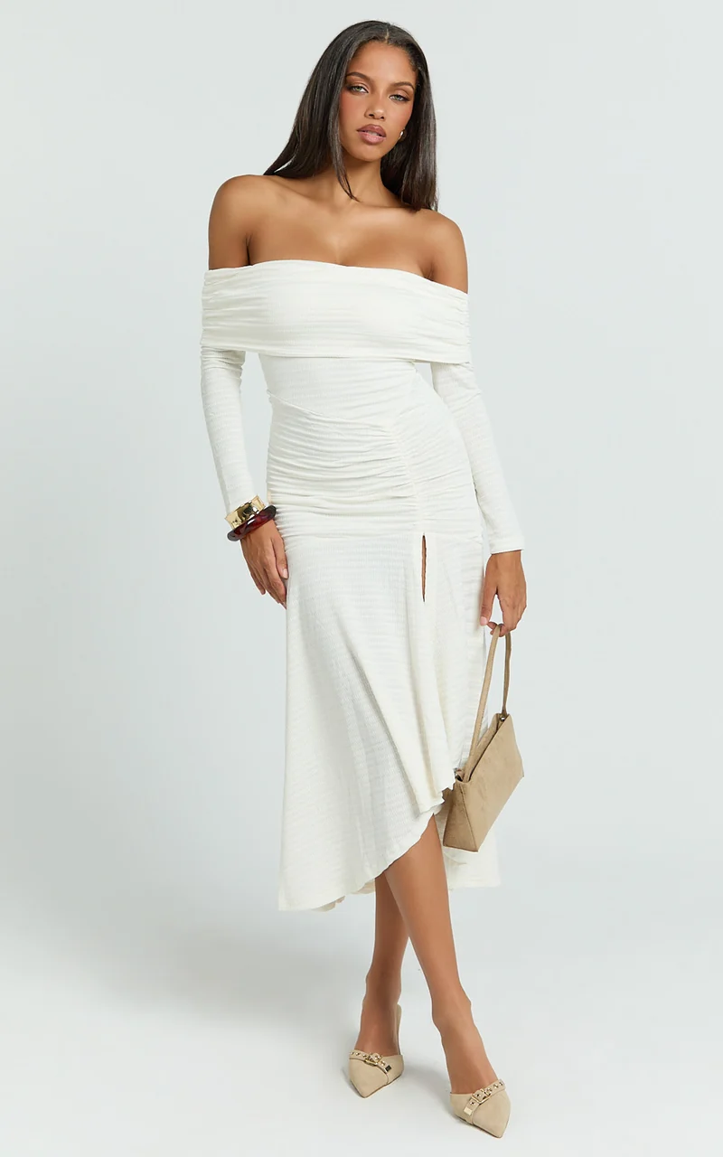 Carissa Midi Dress - Off Shoulder Long Sleeve Flounce Skirt Jersey Dress in Ivory