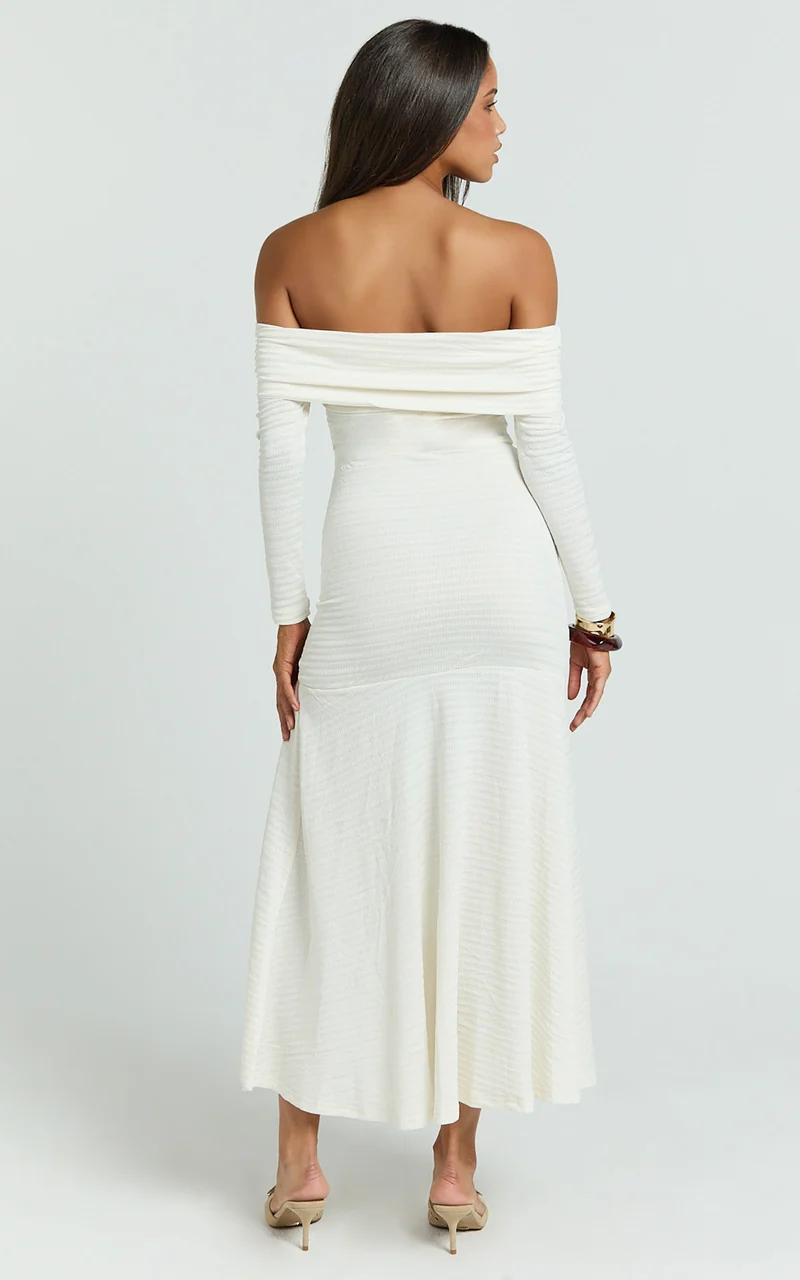 Carissa Midi Dress - Off Shoulder Long Sleeve Flounce Skirt Jersey Dress in Ivory