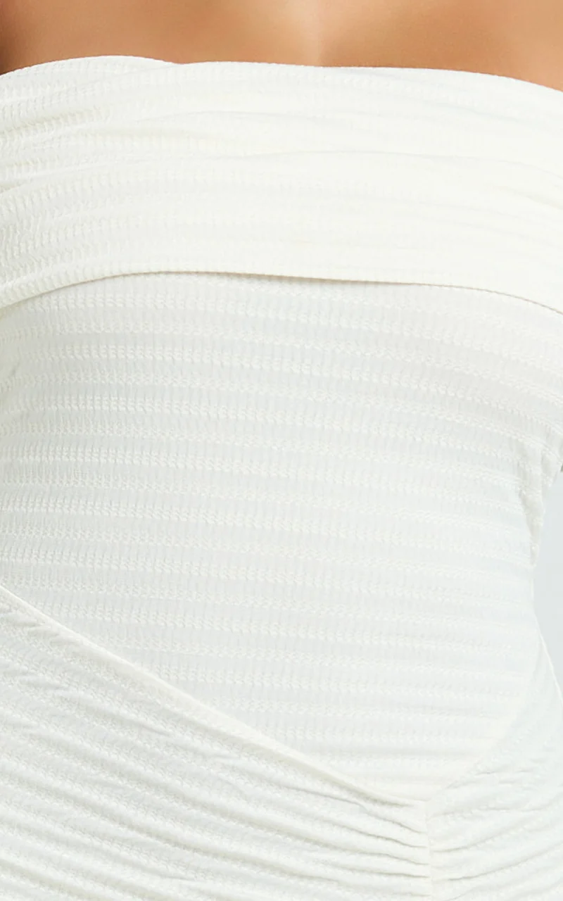 Carissa Midi Dress - Off Shoulder Long Sleeve Flounce Skirt Jersey Dress in Ivory