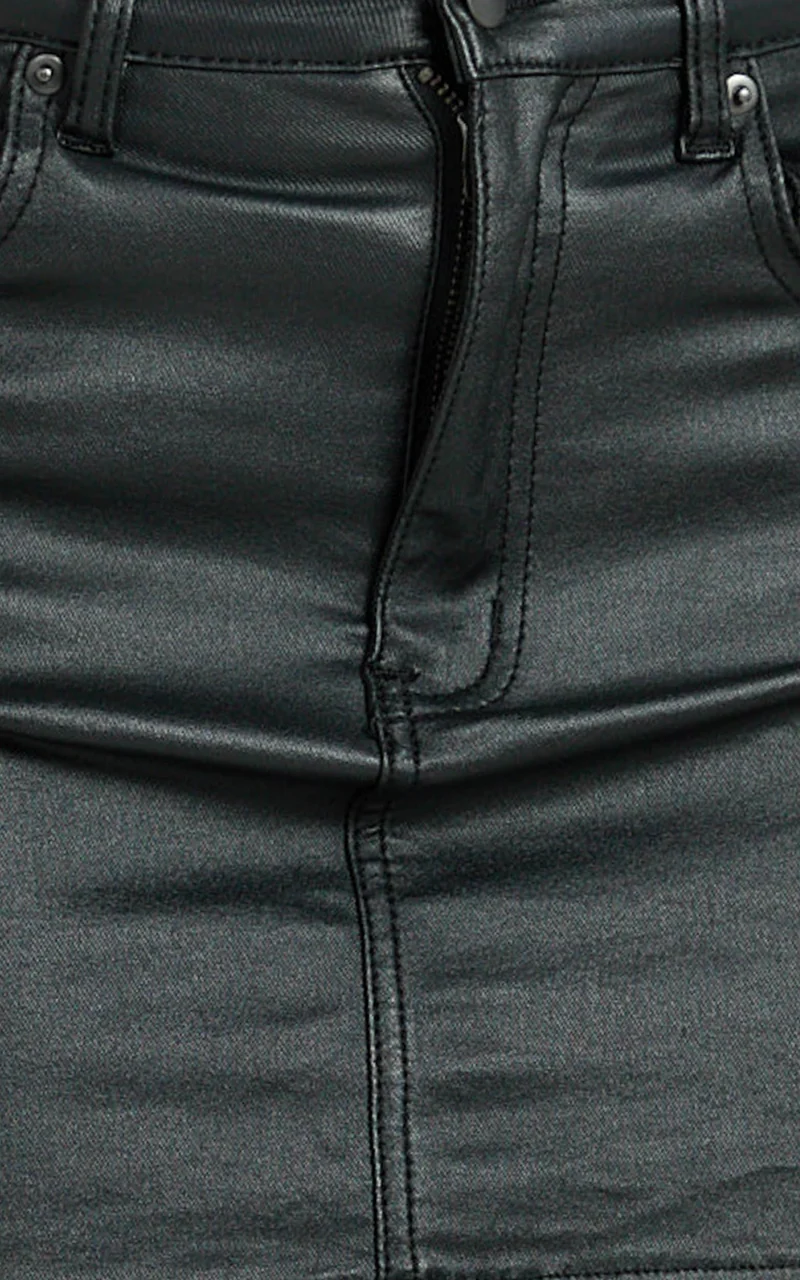Tilly Mini Skirt - High Waist Coated Denim Skirt in Black Wash